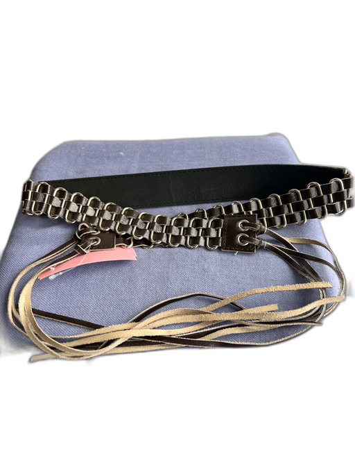 No Brand Brown Leather Silver Hardware Tassel Tie Front Woven Belts Brown / Est S