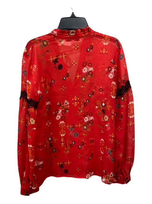 Derek Lam 10 Crosby Size 0 Red, Black & Yellow Silk Long Sleeve Floral Print Top Red, Black & Yellow / 0