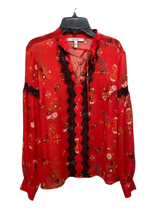 Derek Lam 10 Crosby Size 0 Red, Black & Yellow Silk Long Sleeve Floral Print Top Red, Black & Yellow / 0