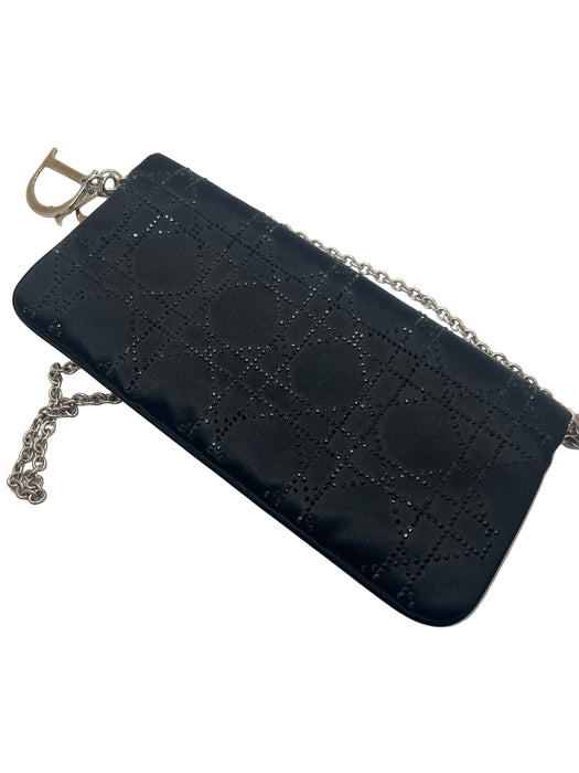 Christian Dior Black Satin Rhinestone Silver Hardware Logo Clutch Bag