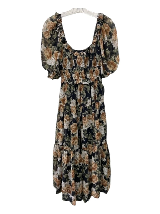 En Saison Size XS Black, Brown & Green Polyester Off Shoulder Floral Midi Dress Black, Brown & Green / XS