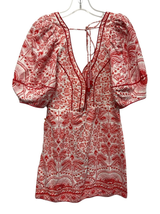 Farm Rio Size S Red & White Linen & Viscose Short Puff Sleeve Floral Print Dress Red & White / S