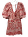 Farm Rio Size S Red & White Linen & Viscose Short Puff Sleeve Floral Print Dress Red & White / S