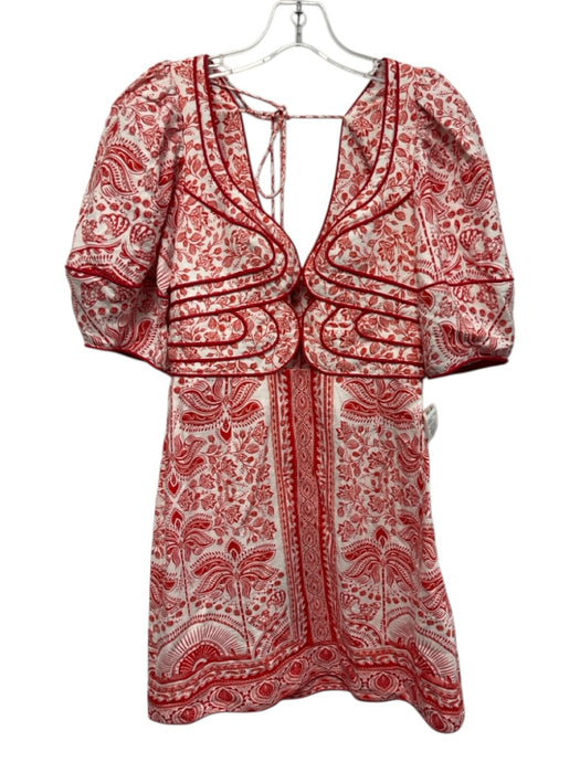Farm Rio Size S Red & White Linen & Viscose Short Puff Sleeve Floral Print Dress Red & White / S