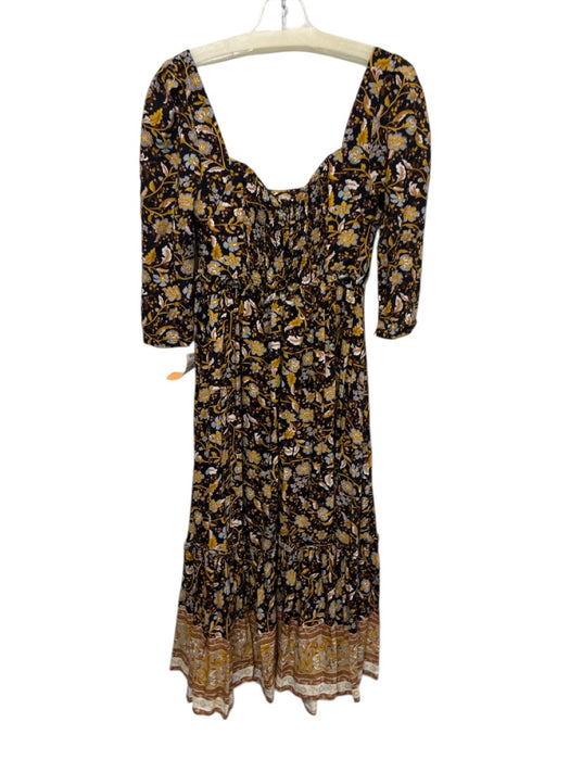 O.P.T. Size S Black, Yellow & Blue Rayon Puff 1/2 Sleeve Floral Print Midi Dress Black, Yellow & Blue / S