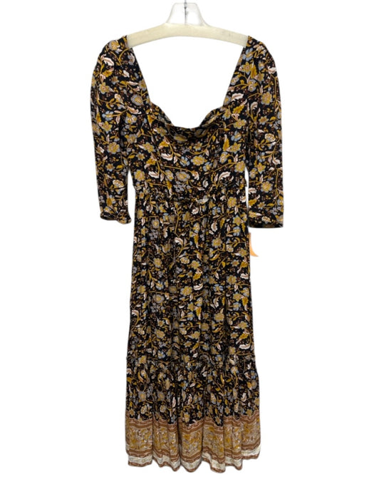 O.P.T. Size S Black, Yellow & Blue Rayon Puff 1/2 Sleeve Floral Print Midi Dress Black, Yellow & Blue / S