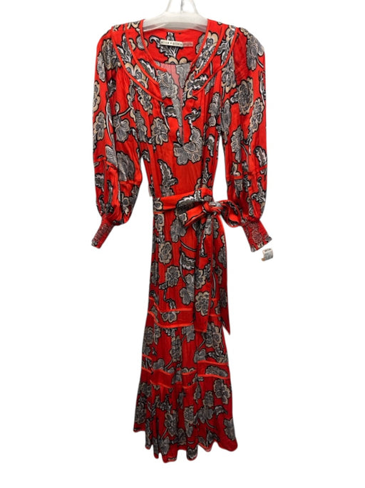 Alice + Olivia Size XS Red, Black & Beige Viscose Puff 3/4 Sleeve V Neck Dress Red, Black & Beige / XS