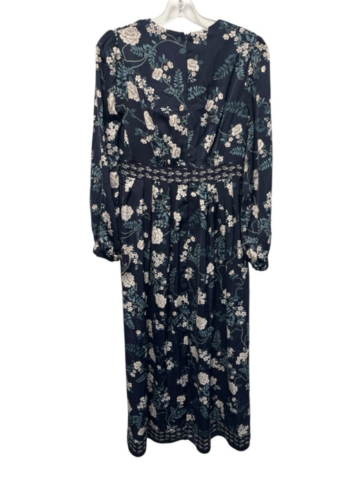 Gal Meets Glam Size 4 Navy blue & Cream Polyester Satin Long Puff Sleeve Dress Navy blue & Cream / 4