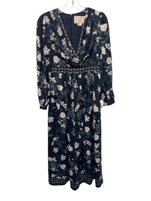 Gal Meets Glam Size 4 Navy blue & Cream Polyester Satin Long Puff Sleeve Dress Navy blue & Cream / 4