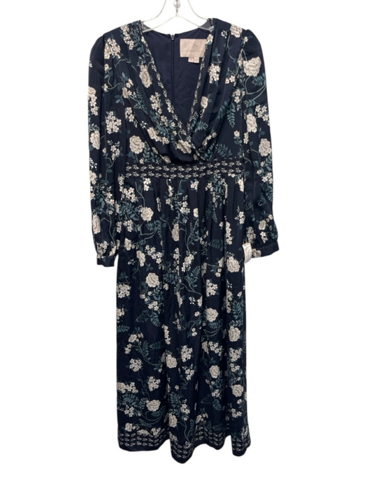 Gal Meets Glam Size 4 Navy blue & Cream Polyester Satin Long Puff Sleeve Dress Navy blue & Cream / 4