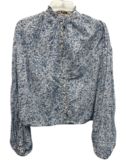 Thierry Colson Size S Blue & White Cotton Long Sleeve Floral Print Buttons Top Blue & White / S