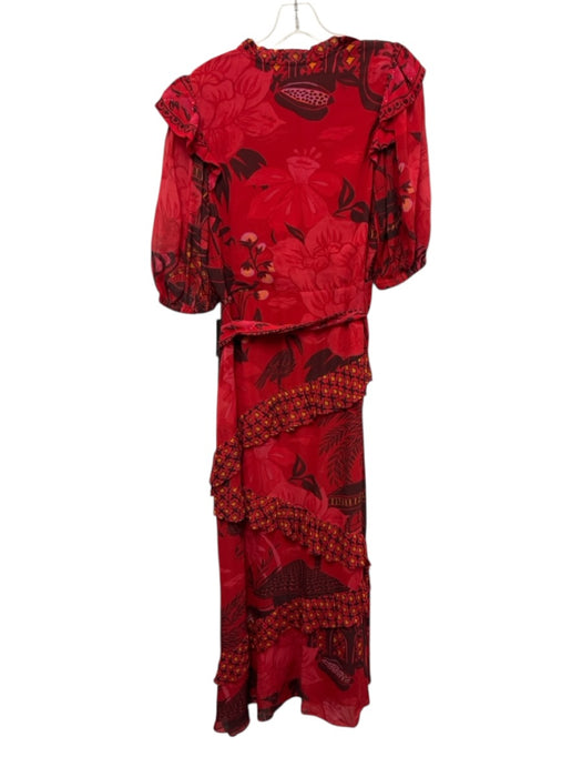 Farm Rio Size M Red, Yellow, Brown Viscose Short Puff Sleeve 1/4 Button Dress Red, Yellow, Brown / M
