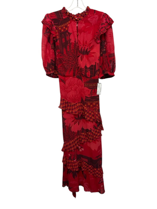 Farm Rio Size M Red, Yellow, Brown Viscose Short Puff Sleeve 1/4 Button Dress Red, Yellow, Brown / M