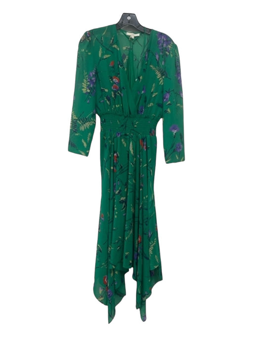 Maje Size 2 Green & Multi Polyester Floral Smocked Waist Surplice Dress Green & Multi / 2