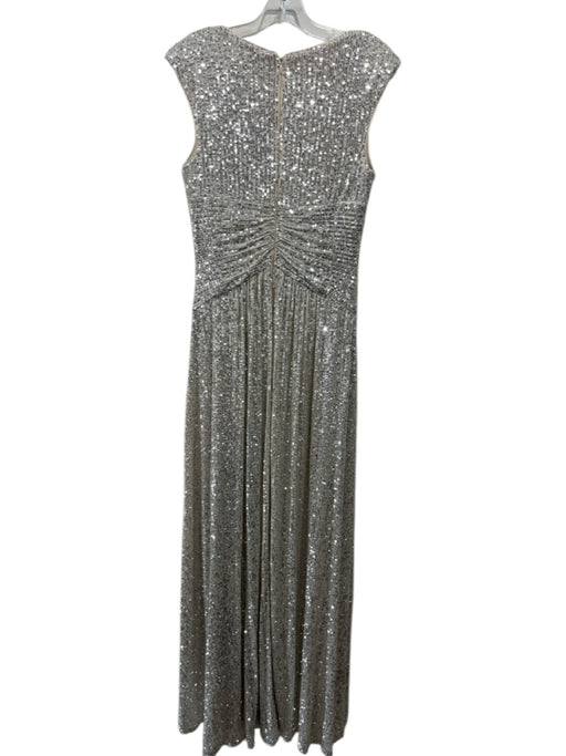 Eliza J Size 4 Champagne & Silver Polyester Shoulder Pad V Neck Back Zip Gown Champagne & Silver / 4