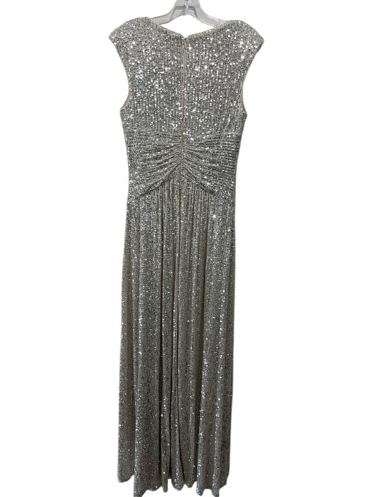 Eliza J Size 4 Champagne & Silver Polyester Shoulder Pad V Neck Back Zip Gown Champagne & Silver / 4