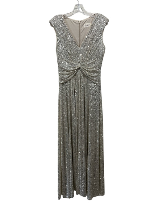 Eliza J Size 4 Champagne & Silver Polyester Shoulder Pad V Neck Back Zip Gown Champagne & Silver / 4