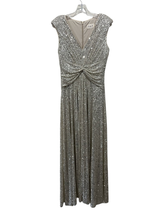 Eliza J Size 4 Champagne & Silver Polyester Shoulder Pad V Neck Back Zip Gown Champagne & Silver / 4