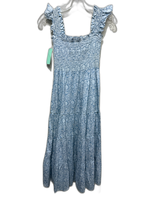Kourt Size XS Blue & White Cotton Floral Blocked Print Smocked Bodice Dress Blue & White / XS