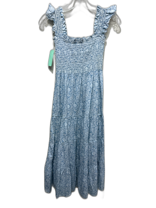 Kourt Size XS Blue & White Cotton Floral Blocked Print Smocked Bodice Dress Blue & White / XS