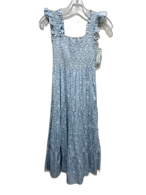 Kourt Size XS Blue & White Cotton Floral Blocked Print Smocked Bodice Dress Blue & White / XS
