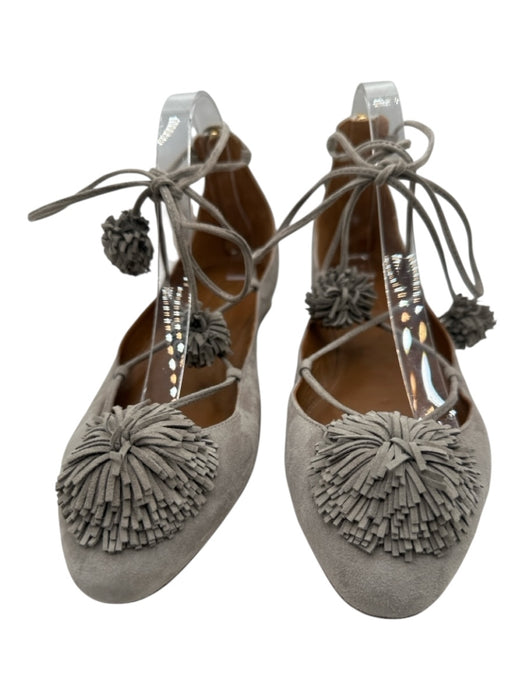 Aquazzura Shoe Size 40 Gray Suede Upper Pom Pom Back Zip Lace Up Flats Gray / 40