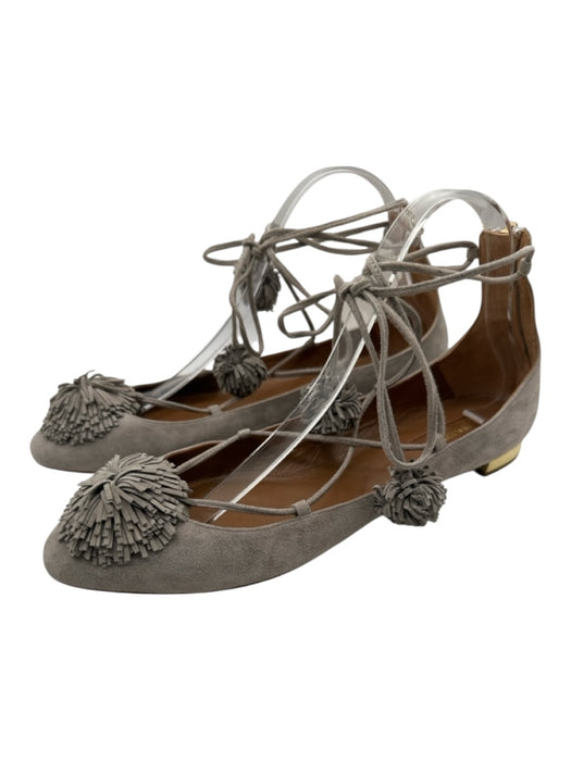 Aquazzura Shoe Size 40 Gray Suede Upper Pom Pom Back Zip Lace Up Flats Gray / 40