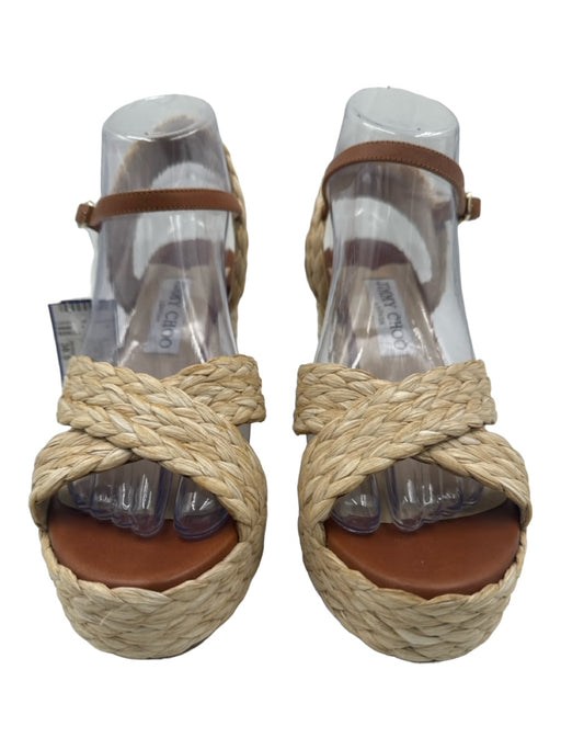 Jimmy Choo Shoe Size 38.5 Brown & Beige Leather & Raffia open toe Logo Wedges Brown & Beige / 38.5