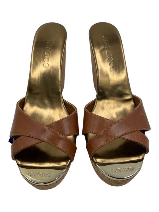 Jimmy Choo Shoe Size 38.5 Brown & Beige Leather & Cork Open Toe & Heel Wedges Brown & Beige / 38.5