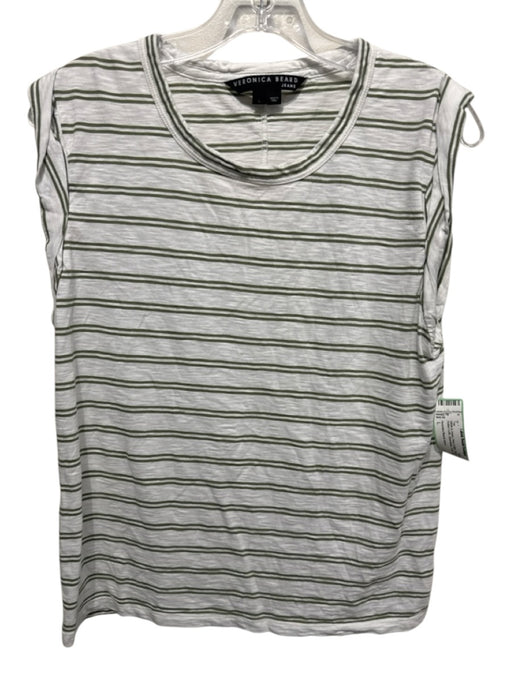 Veronica Beard Jeans Size L White & Green Pima Cotton Striped Rolled Cuffs Top White & Green / L