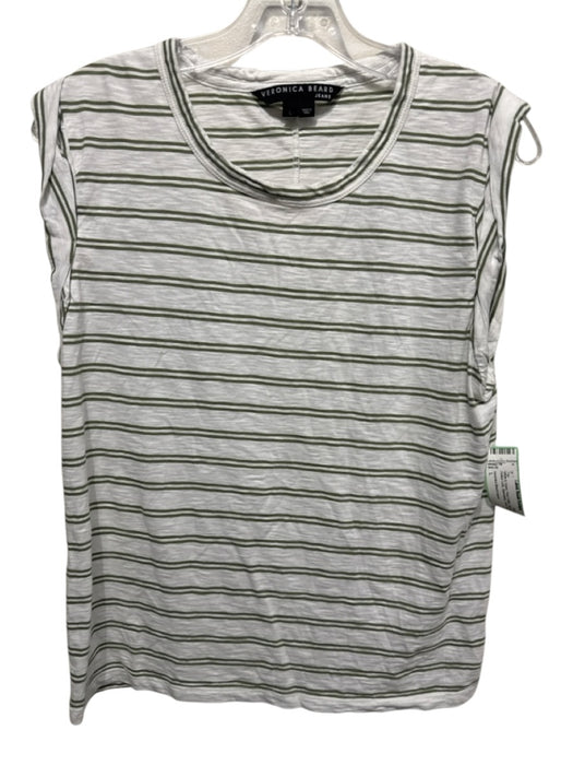 Veronica Beard Jeans Size L White & Green Pima Cotton Striped Rolled Cuffs Top White & Green / L