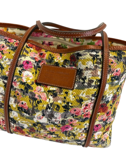 Dolce & Gabbana Yellow, Pink, Gray, Black Canvas Leather trim Floral Logo Bag Yellow, Pink, Gray, Black / Medium
