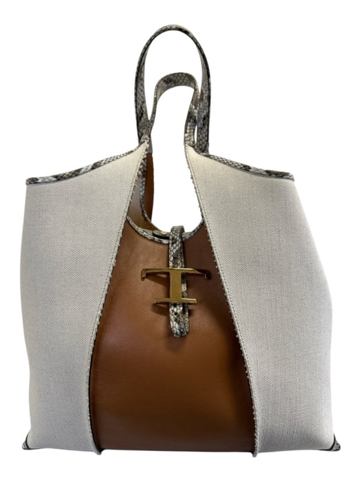 Tod's Brown & Beige Canvas & Leather Top Handle Snake Skin Print Bag Brown & Beige / Large