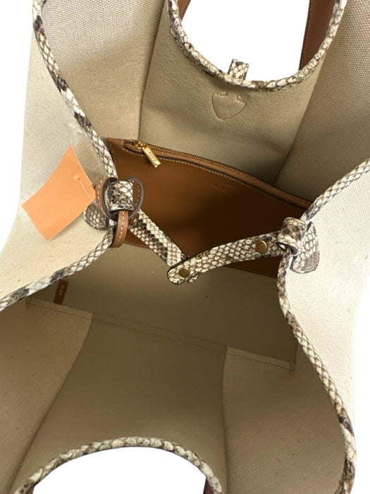 Tod's Brown & Beige Canvas & Leather Top Handle Snake Skin Print Bag Brown & Beige / Large