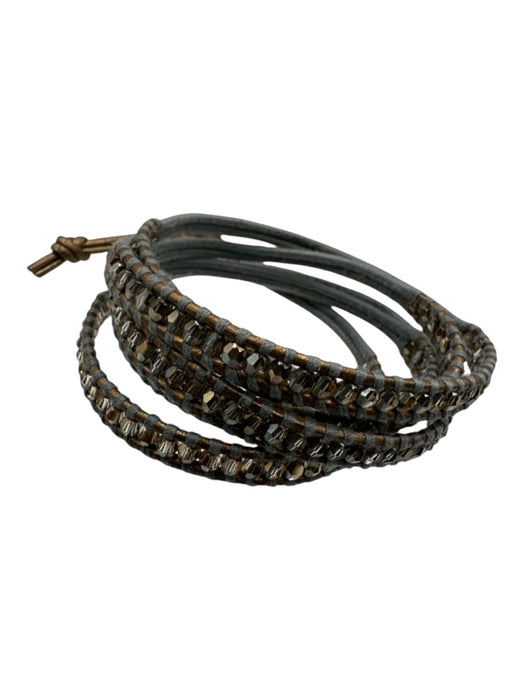 Chan Luu slate blue & brown Leather Knots Crystals Beaded Bracelet slate blue & brown