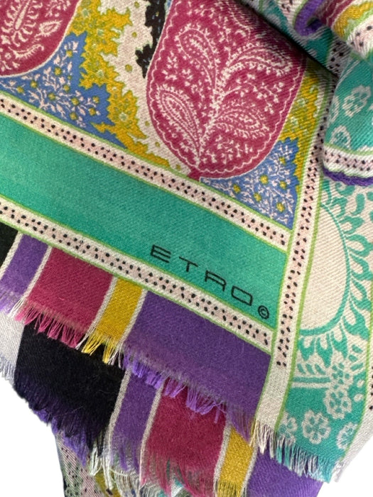 Etro Green, Pink, Purple Fringe Paisley Floral Print Rectangle scarf Green, Pink, Purple / Large