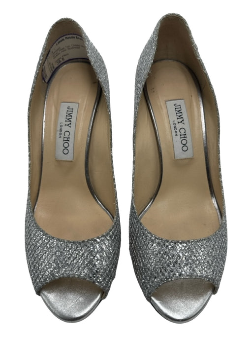 Jimmy Choo Shoe Size 38.5 Silver Peep Toe Closed Heel Shimmer Wedges Silver / 38.5