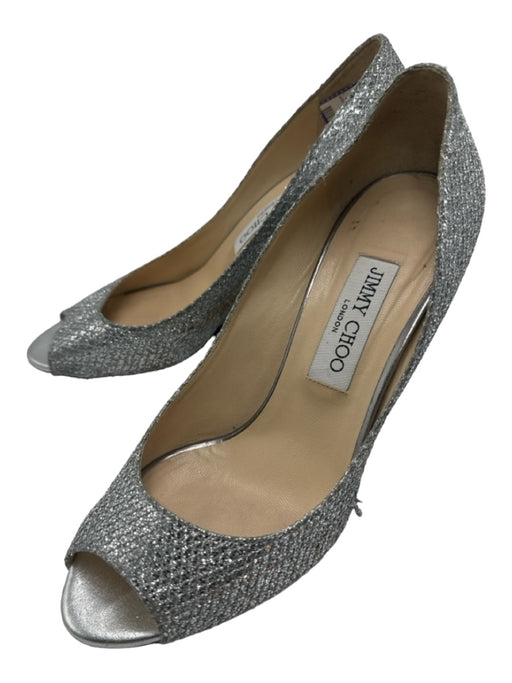 Jimmy Choo Shoe Size 38.5 Silver Peep Toe Closed Heel Shimmer Wedges Silver / 38.5