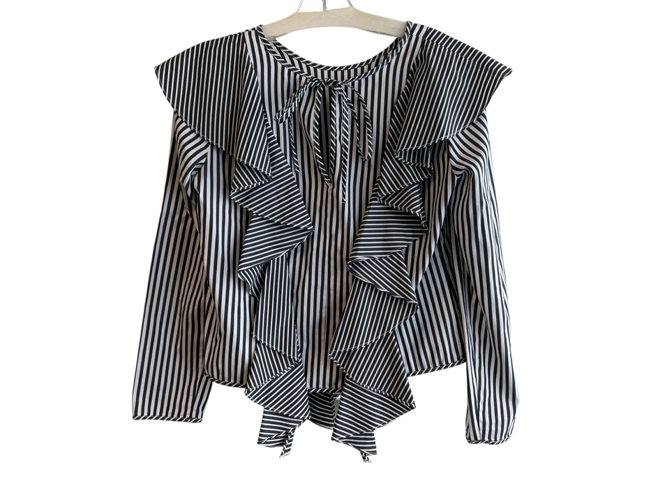 Milly Size Est S Black & White Cotton Striped Side Zip Tie Front Long Sleeve Top Black & White / Est S