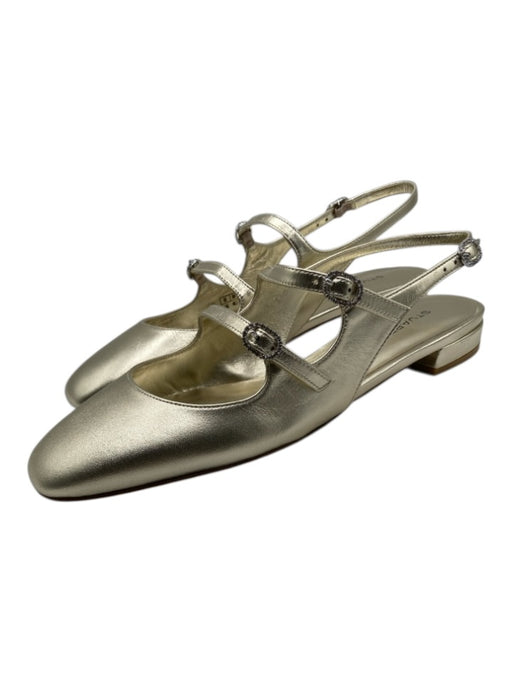 Stuart Weitzman Shoe Size 10 Gold Leather Gem Buckle Square Toe Slingback Flats Gold / 10