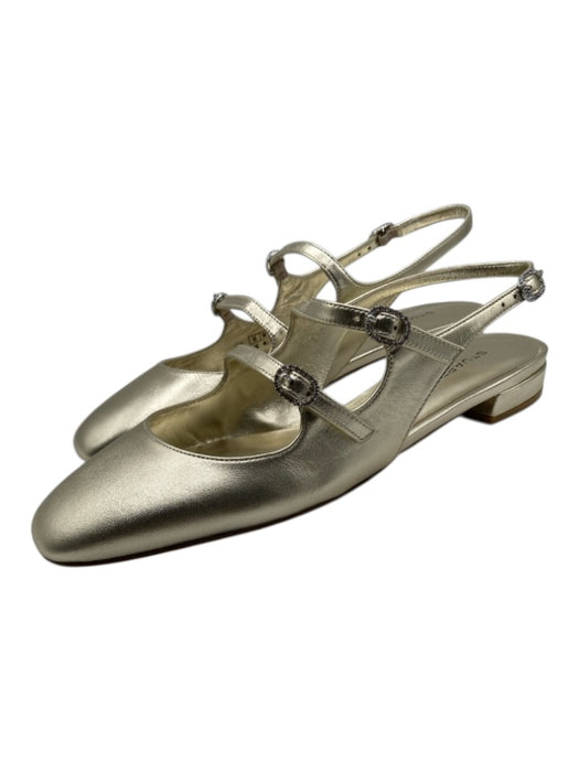 Stuart Weitzman Shoe Size 10 Gold Leather Gem Buckle Square Toe Slingback Flats Gold / 10