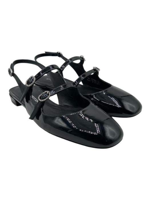 Stuart Weitzman Shoe Size 10 Black Patent Leather Gem Buckle Square Toe Flats Black / 10