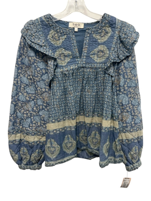Sea New York Size S Blue, Green, Beige Cotton Long puff sleeve Floral Print Top Blue, Green, Beige / S