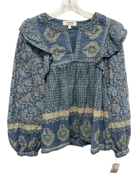 Sea New York Size S Blue, Green, Beige Cotton Long puff sleeve Floral Print Top Blue, Green, Beige / S