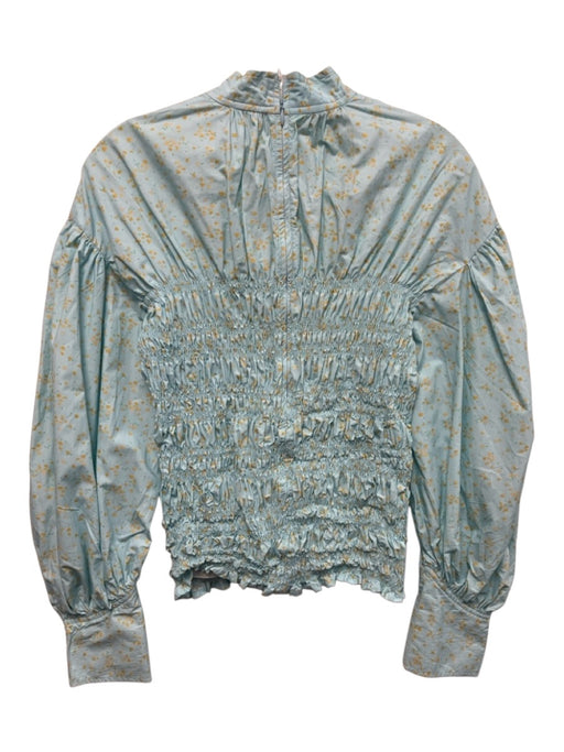 Ganni Size 40 Light Blue & Yellow Cotton Long puff sleeve Ditsy Floral Top Light Blue & Yellow / 40