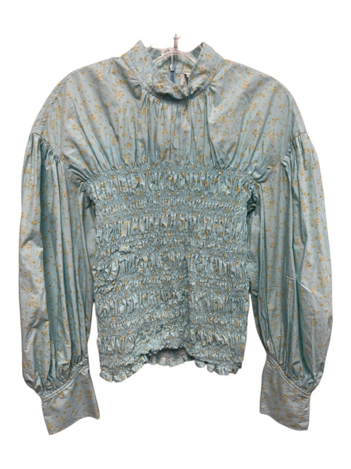 Ganni Size 40 Light Blue & Yellow Cotton Long puff sleeve Ditsy Floral Top Light Blue & Yellow / 40
