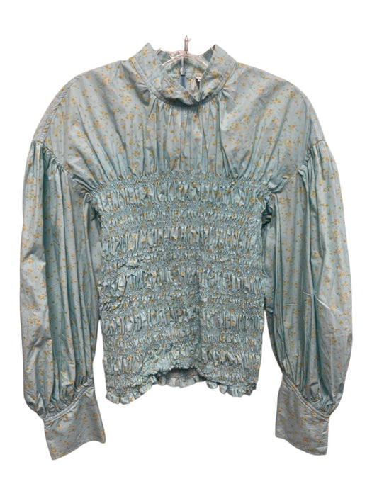 Ganni Size 40 Light Blue & Yellow Cotton Long puff sleeve Ditsy Floral Top Light Blue & Yellow / 40