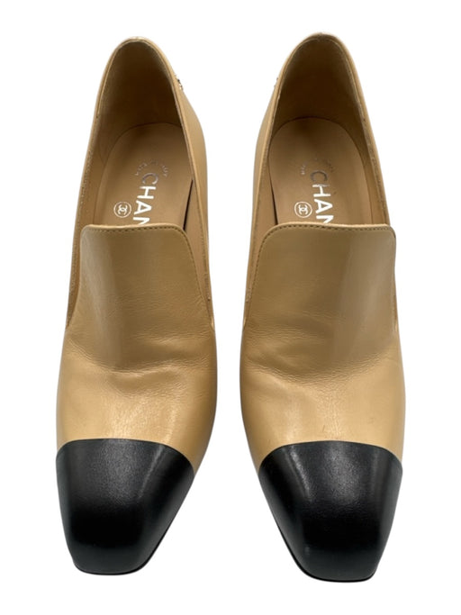 Chanel Shoe Size 38 Beige & Black Leather Cap Toe High Heel Loafer Pumps Beige & Black / 38