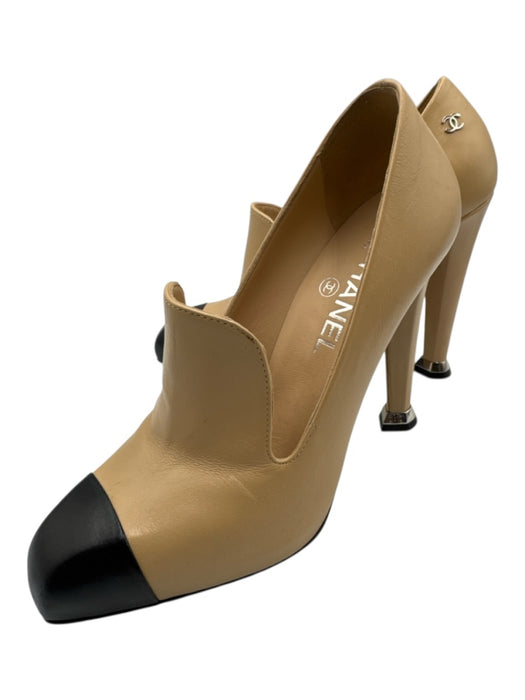 Chanel Shoe Size 38 Beige & Black Leather Cap Toe High Heel Loafer Pumps Beige & Black / 38