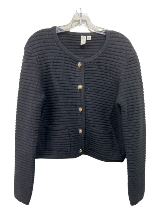 Joie Size L Black Viscose & Polyester Rib Knit Gold Button Detail Cardigan Black / L